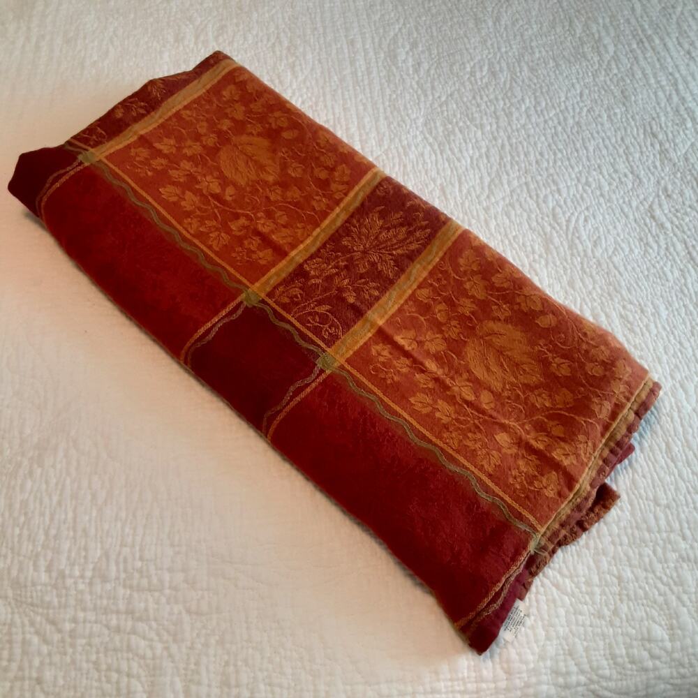 Vintage Jacquard Table Cloth Block Leaves 100% Cotton Autumn